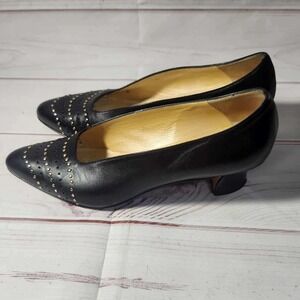 d'Rosana by Charna Black Leather Studded Pointed Toe Pumps Heels Womens 8.5